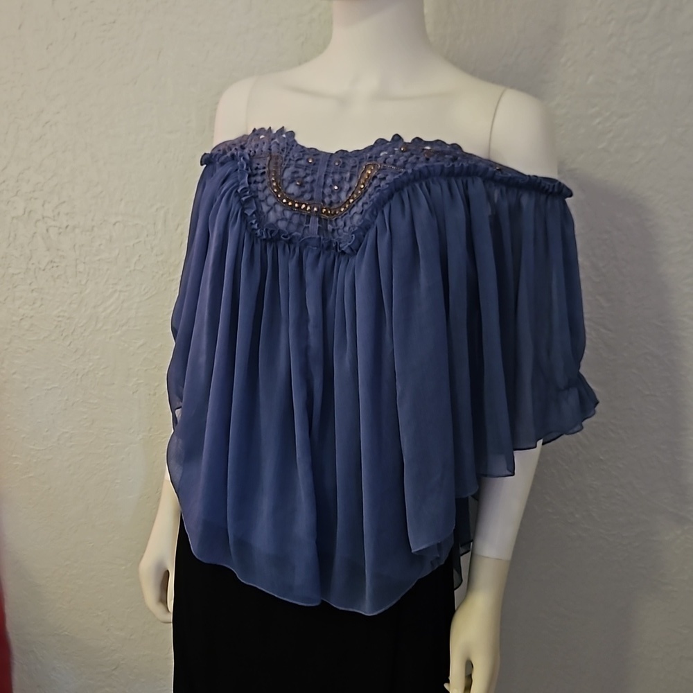 VTG NINE WEST Fairycore Blue Crochet Lace Chiffon Shawl Poncho Festival Top - Picture 6 of 9